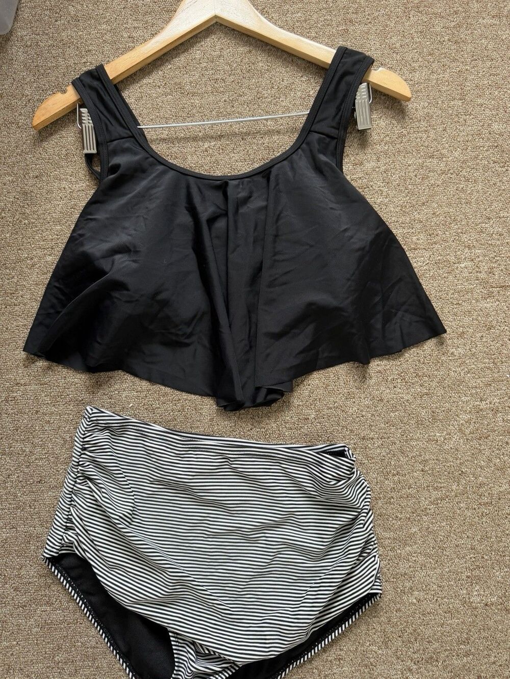 2Piece Tankini Swimsuit Black Ruffle Top Striped High Waist Size S - Picture 9 of 12